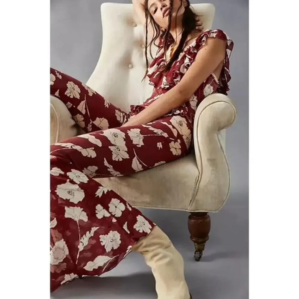 New! Free People AUSTYN brick red floral flaired‎ pant ruffle jumpsuit, size M